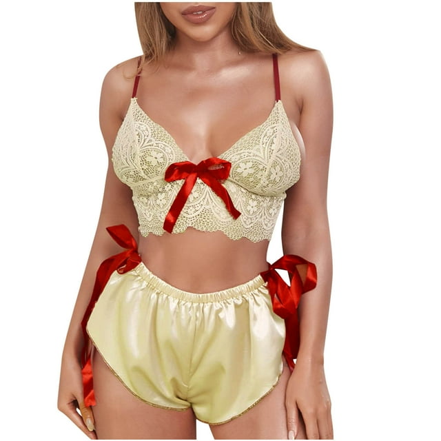 Conjuntos de pijamas de satén para mujer, ropa interior Sexy con lazo de encaje, ropa interior para dormir Fridja nalpqowj17634