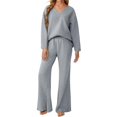 thumbnail image 2 of Women's V-Neck Two Piece Set, Oversized Pullover and Flared Pants, Loose Fit Lounge Set, Brushed Fleece Loungewear Outfit, Jogger Set Grey M, 2 of 4