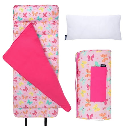Wildkin Original Nap Mat with Pillow for Boys and Girls, Features Hook and Loop Fastener, Roll-Up Design, Soft Cotton Blend Materials (Butterfly Garden)