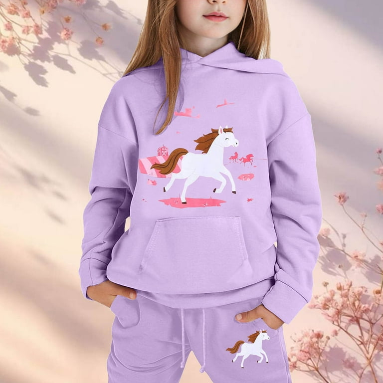 Girls Fall Outfits Girls White Horse Jogger Set Cartoon Print