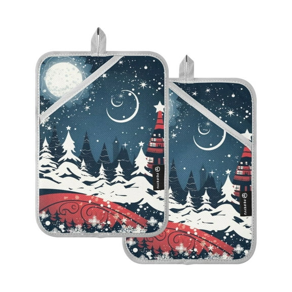 Christmas Trees with Moon Pot Holders Set of 2 Heat Resistant Kitchen Oven Gloves Potholder Cooking Baking Microwave Mitts