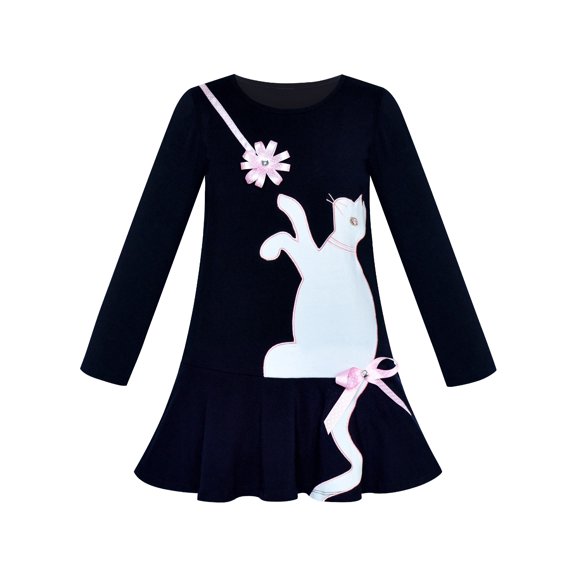 Girls Dress Cotton Casual Long Sleeve Cat Embroidered 3 Years