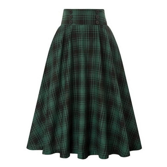Skymirror Women Skirt High Elastic Waist Big Hem A-line Colorblock Plaid Print Loose Ankle Length Soft Pockets Retro Ruffle Elegant Party Commute Lady Maxi Skirt