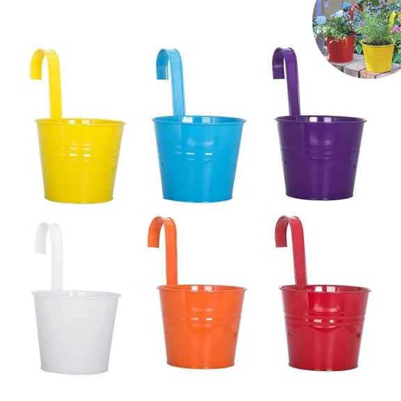 HYG 6 Pcs Iron Hanging Flower Pots Colorful Metal Plant Pots 6.3 inch Small Fence Bucket with Drain Holes Outdoor Planter with Detachable Hook for Garden Balcony Railing