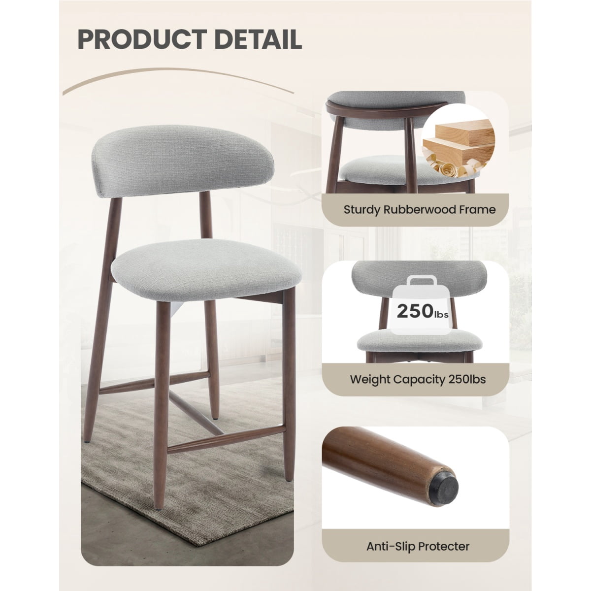 EOP Upholstered Counter Height Bar Stool with Back, Modern Kitchen Island Stool, Wood Leg Bar Chair for Kitchen Island Dining Room Bar Counter, Light Gray