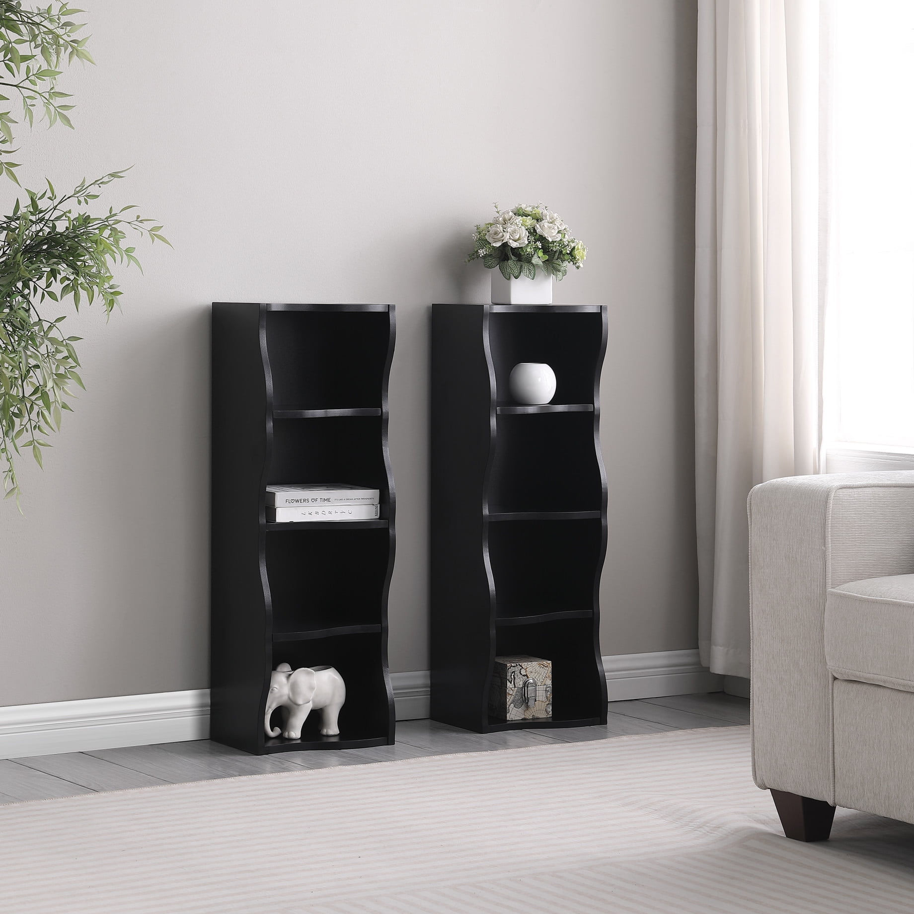 70" Tall Narrow Bookshelf, 8-Tier Cube Display Rack, Modern Wavy Border Design Corner Bookshelf with Adjustable Shelf, CD Storage Cabinet for Home Office, Black