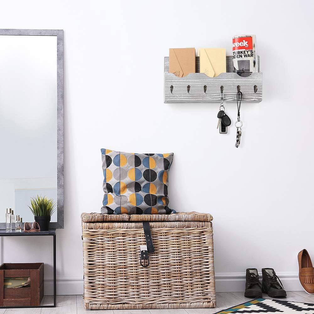 LIANTRAL Wall Mount Mail Holder Organizer with Key Hooks Rustic White