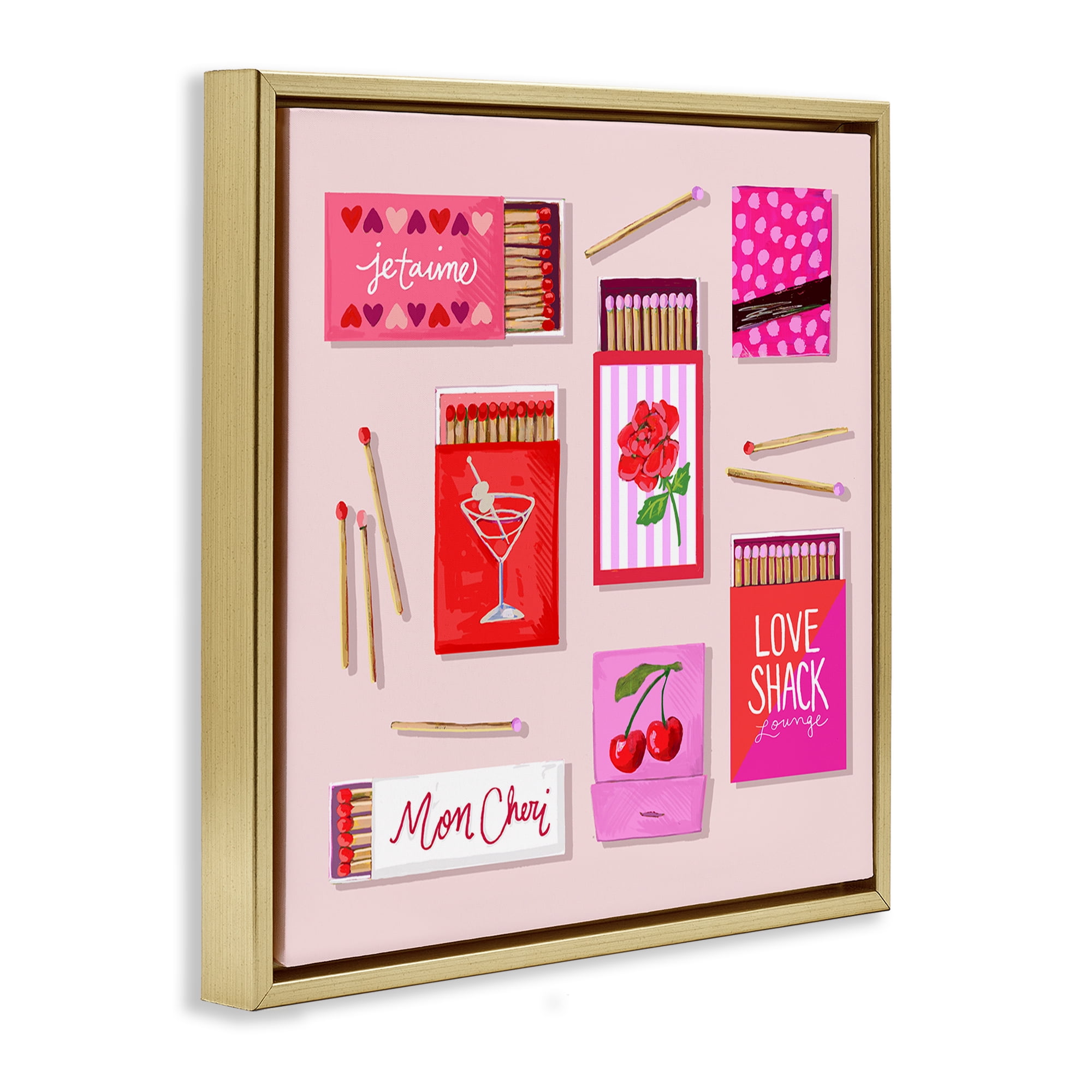 Stupell Industries Je T'aime Romantic Matchbox Set Gold Framed Floater Canvas Wall Art, design by Rachael Reese
