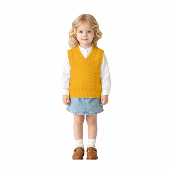 Toddler Kids Sweater Vest V Neck Cable Knit Sleeveless Uniform Knitwear