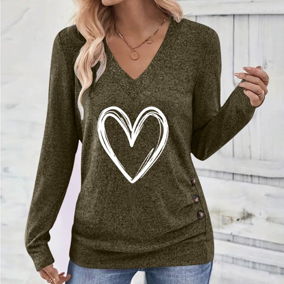 Ayolanni Fall Women's Sweatshirt Valentine's Day V Neck Green Light Weight Heart Tunic Blouses Womens Blouse L
