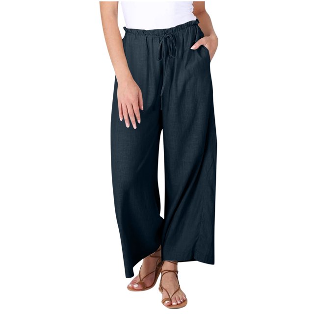 Yuyuzo Womens Cotton Linen Pants Drawstring Elastic High Waisted Straight Leg Solid Color Slacks Trousers