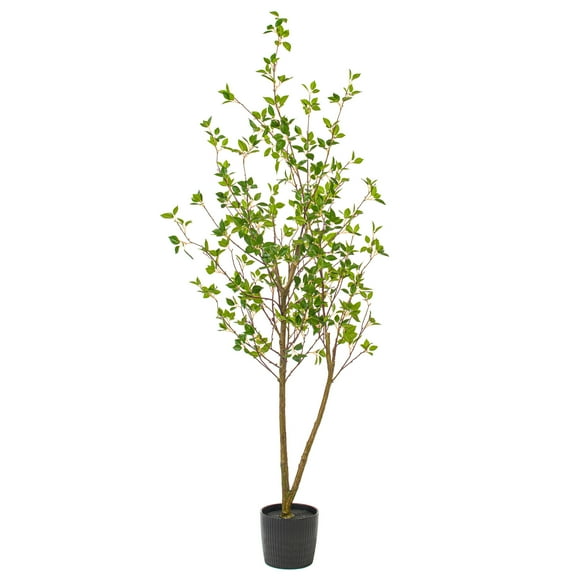 Vickerman 72" Artificial Potted Baby Leaf Tree with Planters Pot in Green