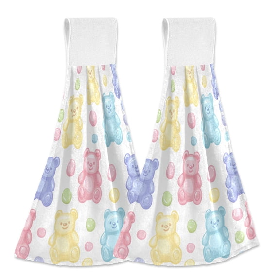 Yayeee Kitchen Hanging Hand Towels Set of 2 with Loop Bathroom Absorbent Tie Towel, Colorful Gummy Bears Pattern