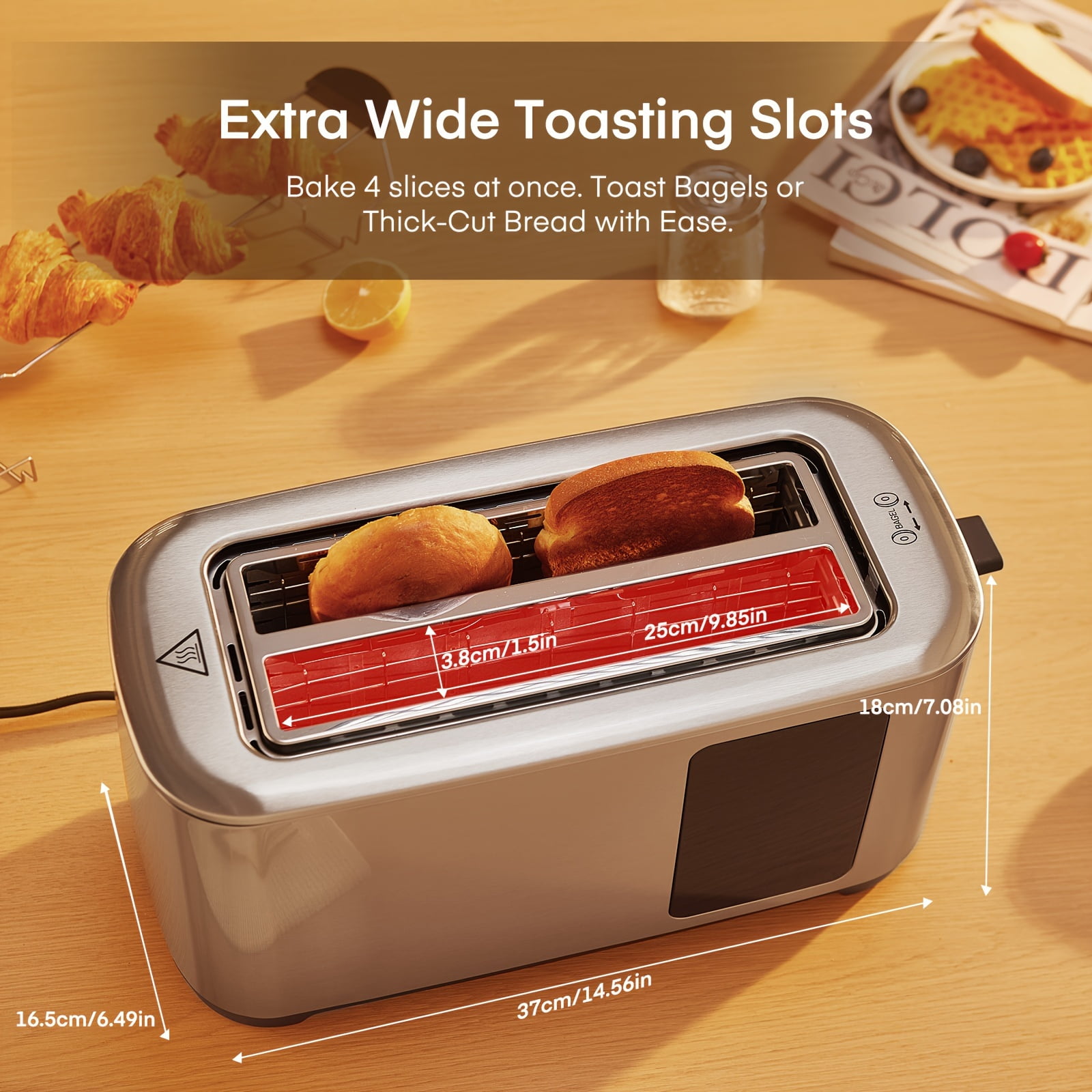 Stainless Steel 4-Slice Toaster with Touch Screen, Extra Wide Slots, 6 Bread Types & 6 Shade Settings, Defrost Reheat Cancel Functions, Removable Crumb Tray, Silver