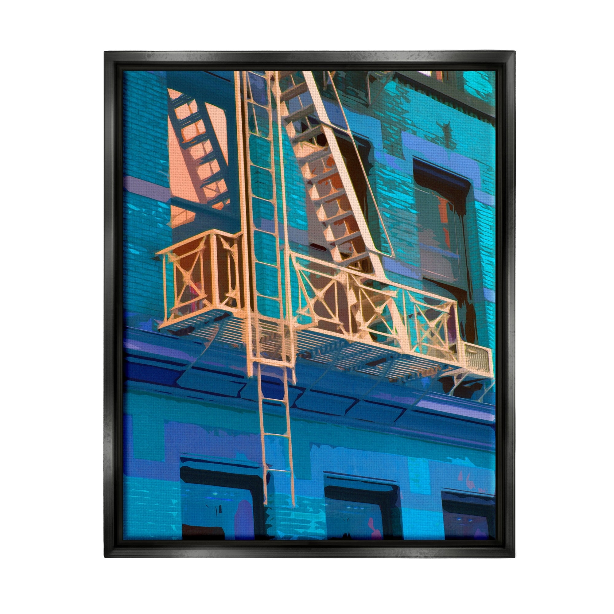 Stupell Industries Urban City Architecture Building Blue Evening Lighting Painting Metallic Gold Floating Framed Canvas Print Wall Art, Design by Noah Bay