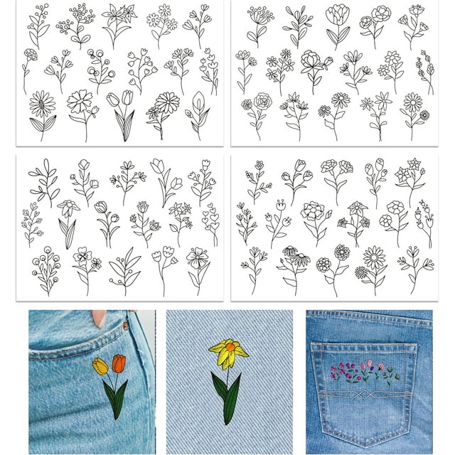 4 Sheets Flowers Pattern Water Soluble Hand Sewing Stabilizers for Fabric Embroidery Stitch Practice Embroidery Stickers Wash Away Stabilizers for Embroidery Beginners Lovers