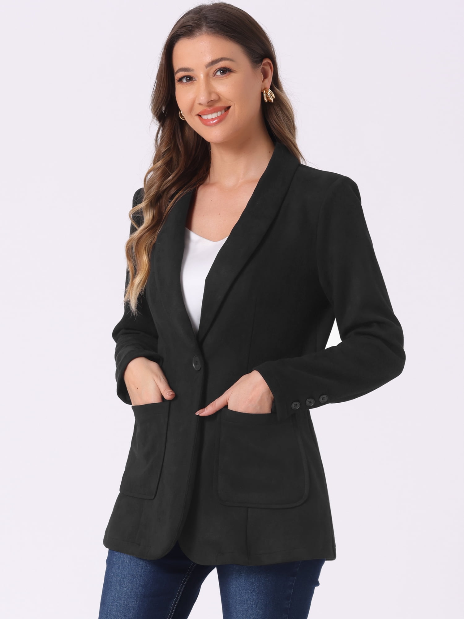 DARING DIVA Women's Faux Suede Lapel Collar One Button Dressy Suit Jacket M Black