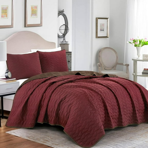 ESCA 3-Piece Matana Burgundy Brown Reversible Bedspread Coverlet Quilt Set with 2 Pillow Shams Queen Size, Real Quilting, All Season, Soft & Lightweight, Throw Blanket