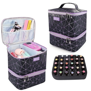 SAVILAND Nail Polish Organizer Bag: PU Leather Nail Kit Organizer Holds 30 Bottles & Nail Lamp, Black Nail Supply Organizer Nail Polish Carrying Case Gel Nail Organizers and Storage Box