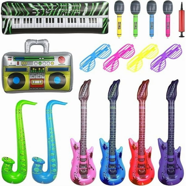 wonima44 Inflatable Rock Star Toys Set Inflatable Guitar Microphone for 80's Party Decorations 90s Party Favors Hip Hop Inflatable Instruments Party Props Theme Party Supplies for Kids & Adults 17Pack