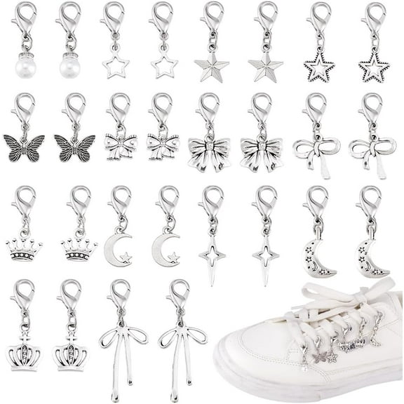 28pcs 14 Styles Clip on Charm Pendants Alloy Shoes Decoration Charms Silver Star Shoe Lace Charms with Lobster Clasp for Sneakers Canvas Shoes Boots Jewelry Making