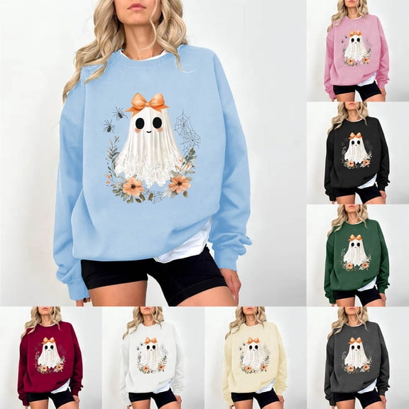Kilaqueen Halloween Spooky Season Sweatshirt Women Cute Ghost Graphic Sweatshirts Casual Long Sleeve Crewneck Pullover Tops