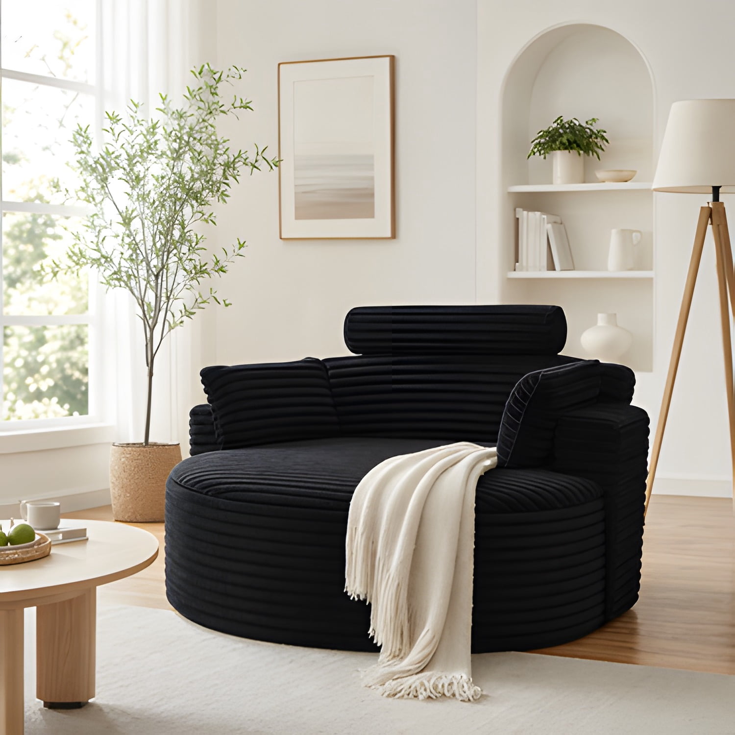55"L Fluffy Corduroy Sponge Single Sofa Chair, No Assembly Required Modern Sleeper Chair with Cylindrical Headrest Pillow, Non-Swivel Leisure Lounge Chair for Living Room Bedroom Projection Room