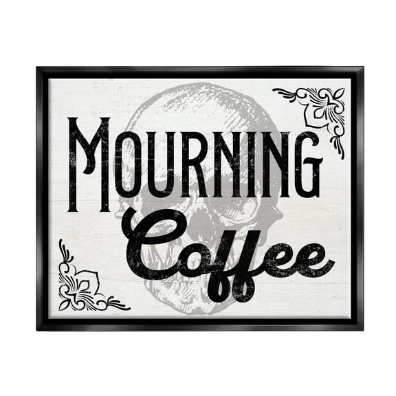 Stupell Industries Mourning Coffee Skull Holiday Painting Black Floater Framed Canvas Art Print Wall Art, 21 x 17