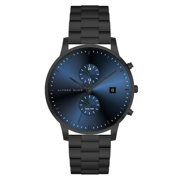 Alfred Sung Dual Time Blue dial Black stainless steel bracelet Men's watch