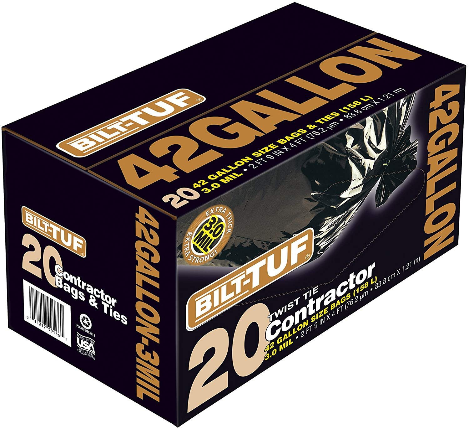 Contractor Trash Bags 42 Gallon Flat Cut Top Black 3.0 Mil 20 Count