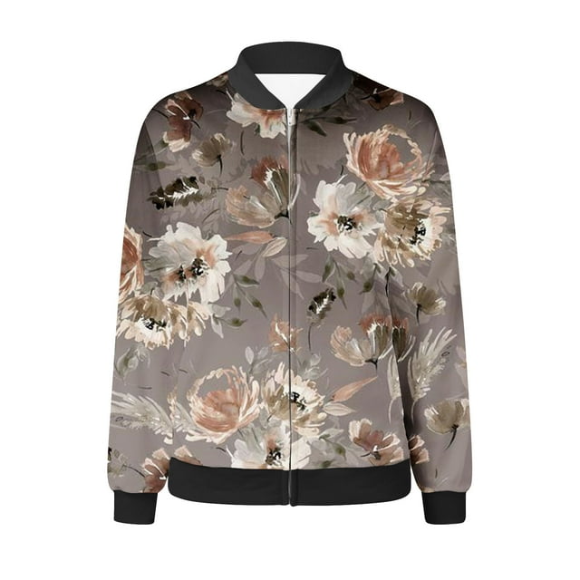 Pisexur Veste de Baseball pour Femmes Plus Cardigan Kimono Léger à Fleurs Imprimé Manches Longues Zip Veste Bomber