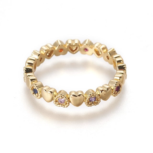 Cubic Zirconia Rings with Brass Findings Heart Real 18K Gold Plated US Size 7 1/4(17.5mm)