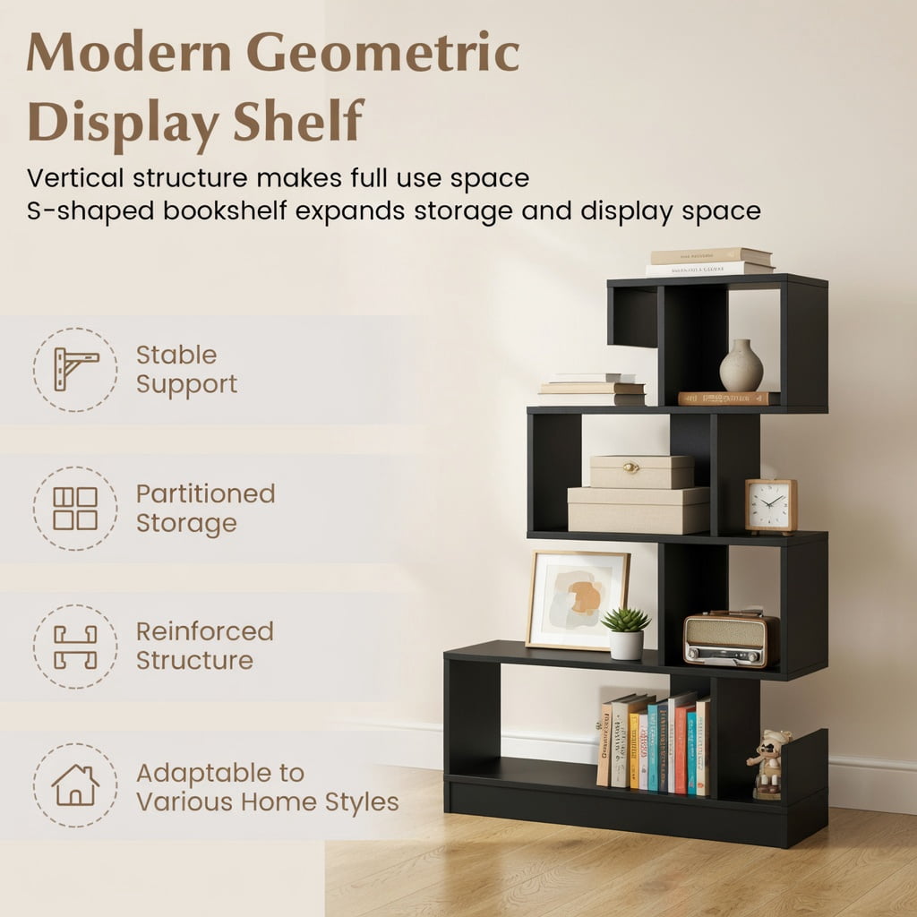 Demi Bonn 5-Tier S-Shaped Bookshelf Geometric Z-Shelf Bookcase with Open Cubes, Black