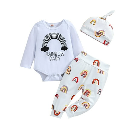 

Listenwind 3Pcs Newborn Baby Boy Girl Fall Winter Clothes Long Sleeve Letters Print Romper Top Rainbow Pants Set Hat Cute Outfits