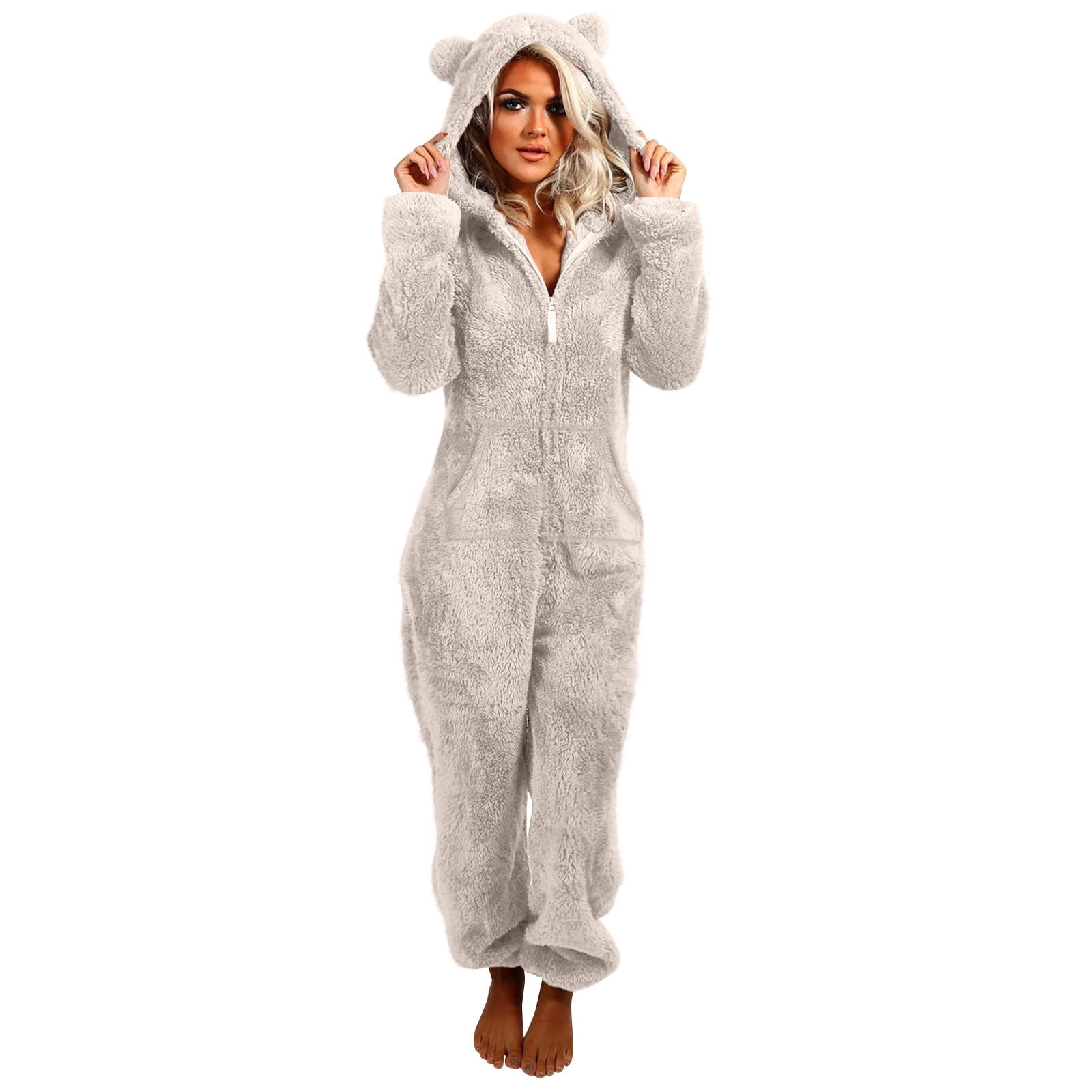 Xdegoge Fleece Jumpsuit Women Fuzzy One Piece Romper Zipper Long Sleeve Teddy Ears Jumpsuits Winter Warm Lounge Pajamas Loungewear with Pockets