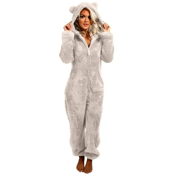 Womens Cute Sherpa Romper Fleece Onesie Pajama One Piece Zipper Funny Bear Ear Hooded Jumpsuit Sleepwear Playsuit (2XL, Beige)