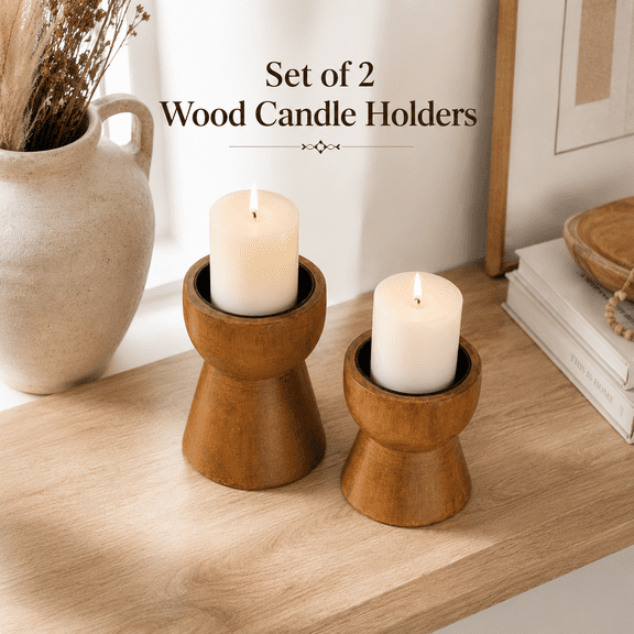 MORAVE Set of 2 Farmhouse Rustic Solid Wood Candle Holders, Pillar Candlesticks Pedestal for Fireplace Mantle Table Centerpiece Decor