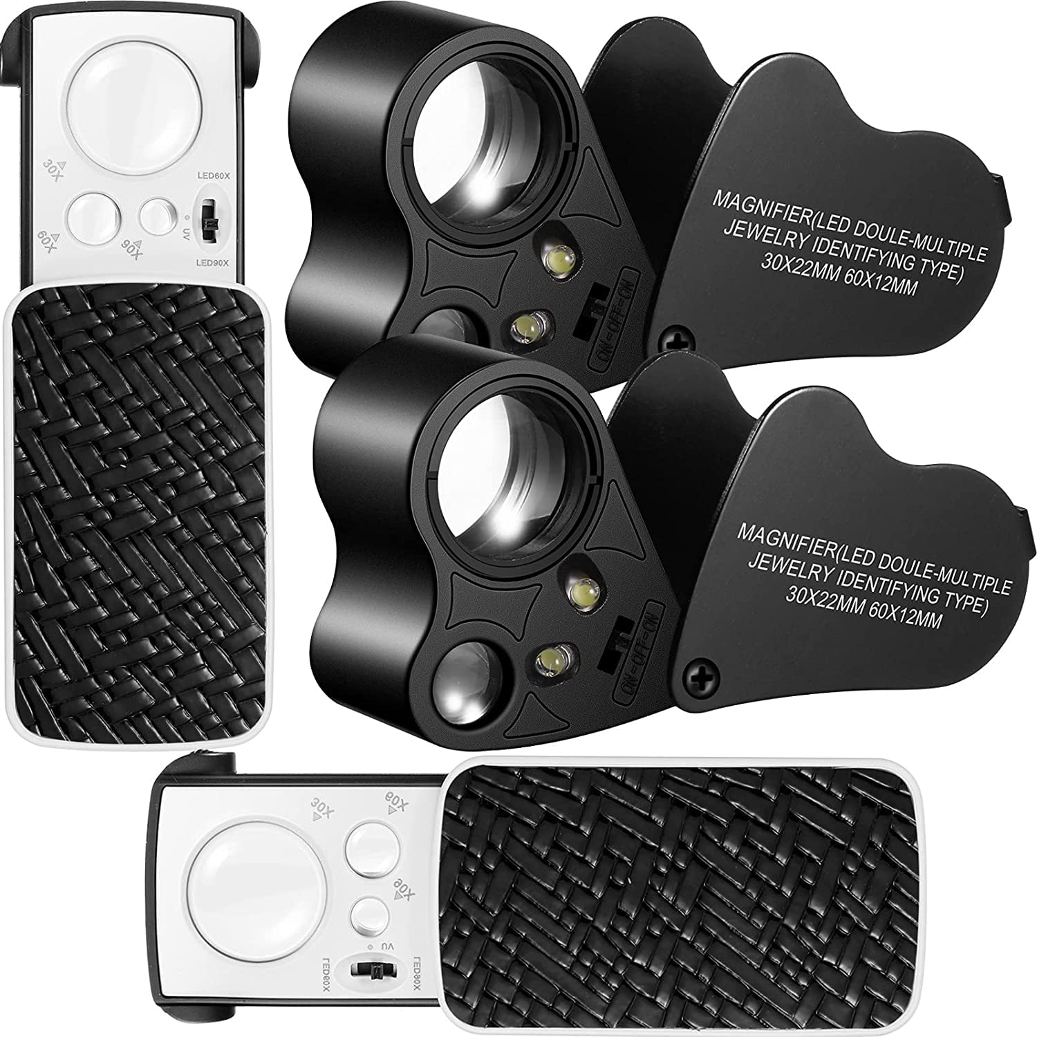 4 Pieces Jewelers' Loupe 30X 60X 90X Illuminated Jewelers Eye Loupe