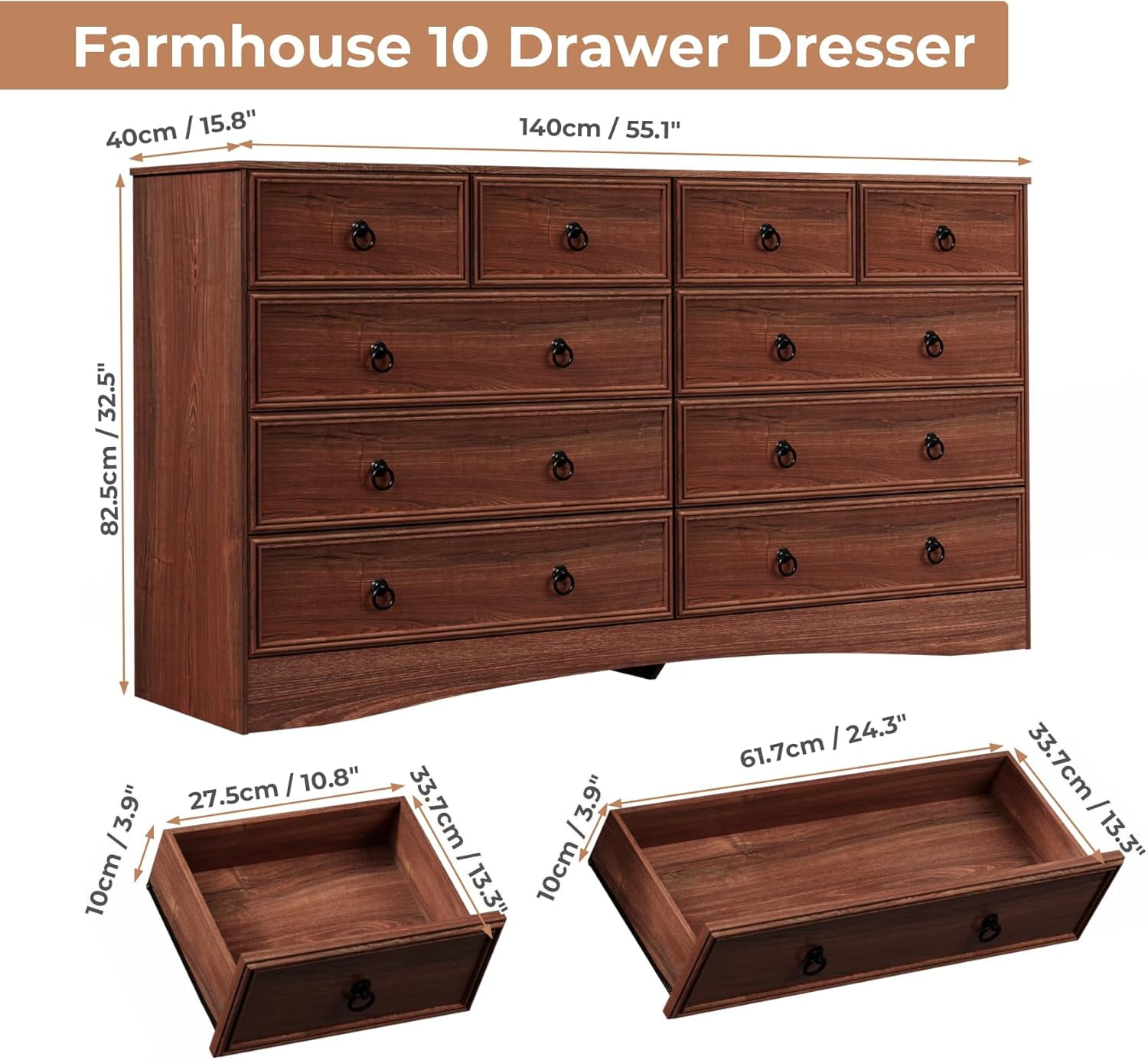 Meteorleg 10 Drawers Dresser for Bedroom, 55.2 Inch Wide Large Dressers & Chests of Drawers, TV Stand for 65 inch, Storage Organizer Furniture, Hallway, Entryway, Closet,Cherry
