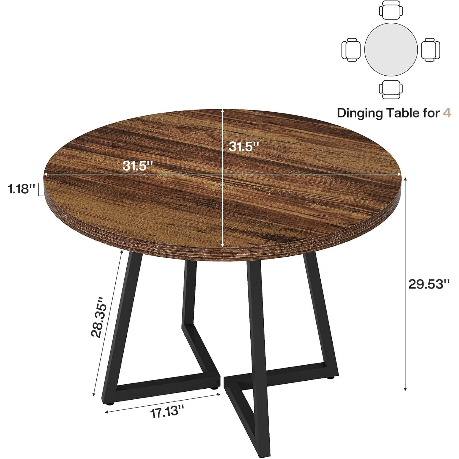 Dining Table, Round Wood Top with Black Metal Frame, Seats 2, 31.49 in W x 31.49 in D x 29.52 in H