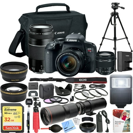 Canon EOS Rebel T7i DSLR Camera with EF-S 18-55mm f/3.5-5.6 + EF 75-300mm f/4-5.6 III Dual Lens Kit + 500mm Preset f/8 Telephoto Lens + 0.43x Wide Angle, 2.2x Pro (Best Super 8 Camera For Beginners)
