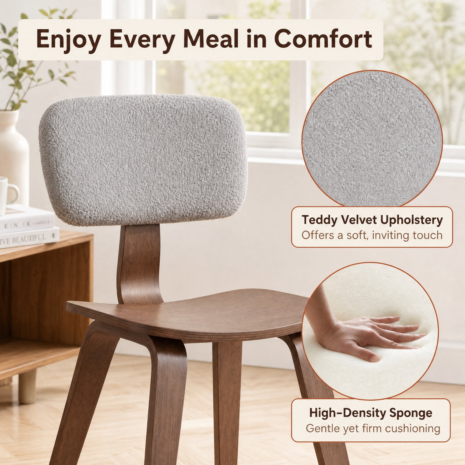 Furnibear Set of 2 Upholstered Dining Chairs with Teddy Velvet Padded Curved Backrest, Solid Rubber Wood Frame,Armless for Kitchen and Dining Room, Grey and Walnut
