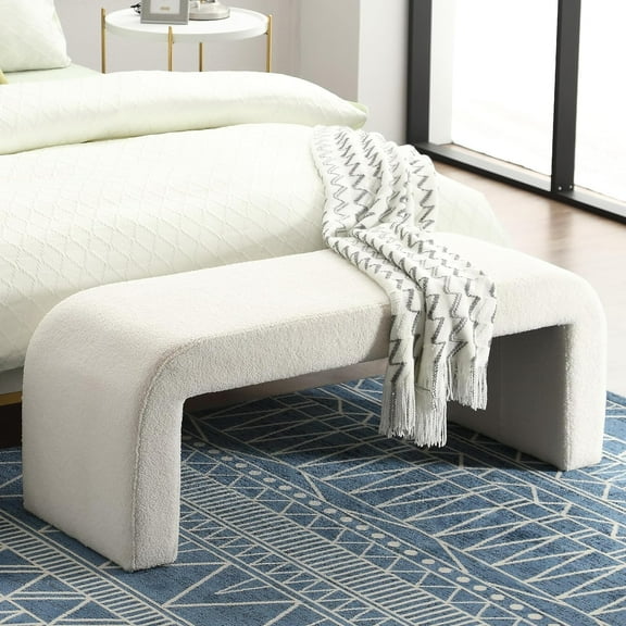 RIVOVA 49.5" Teddy Bed Bench - Modern Fuzzy Sherpa Upholstered Fabric End of Bed Stool for Bedroom, Living Room, Entryway, White