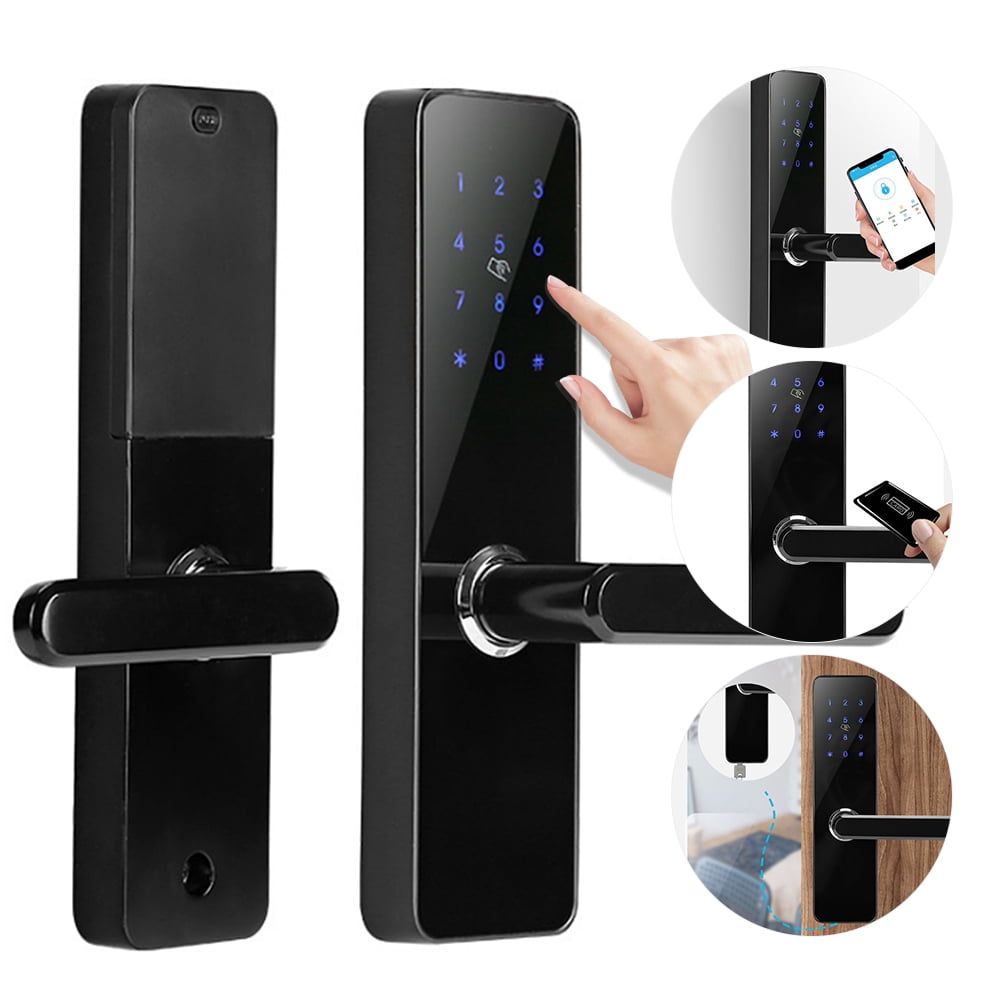 JUNXU Digital Smart Door Lock - Touch Screen Keypad, Unlock With Code, Card, Or Key, Reversible Handles (Black)