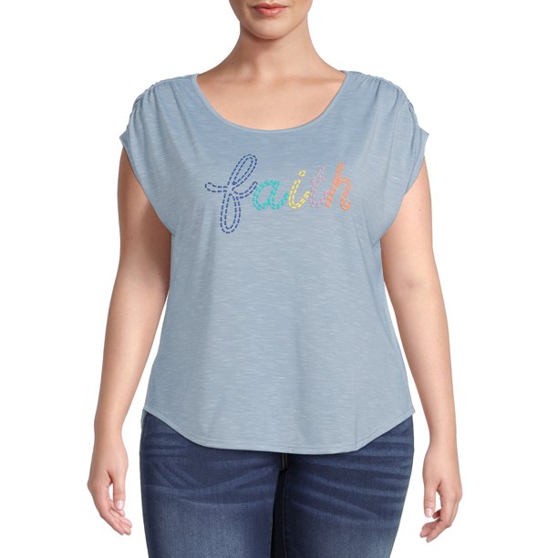 Tru Self Women's Plus Size Ruched Sleeve Graphic TShirt