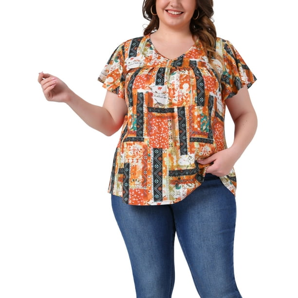 Blusa casual de verano para mujer de tallas grandes Agnes Orinda, con flores, volantes, plisada, escote en V y mangas cortas, 3X naranja