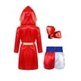 thumbnail image 4 of Sinleey Kids Boys Girls 3Pcs Boxing Suit Satin Hooded Boxing Robes with Boxer Shorts and Punching Sparring Gloves Set Burgundy&Blue 10, 4 of 9