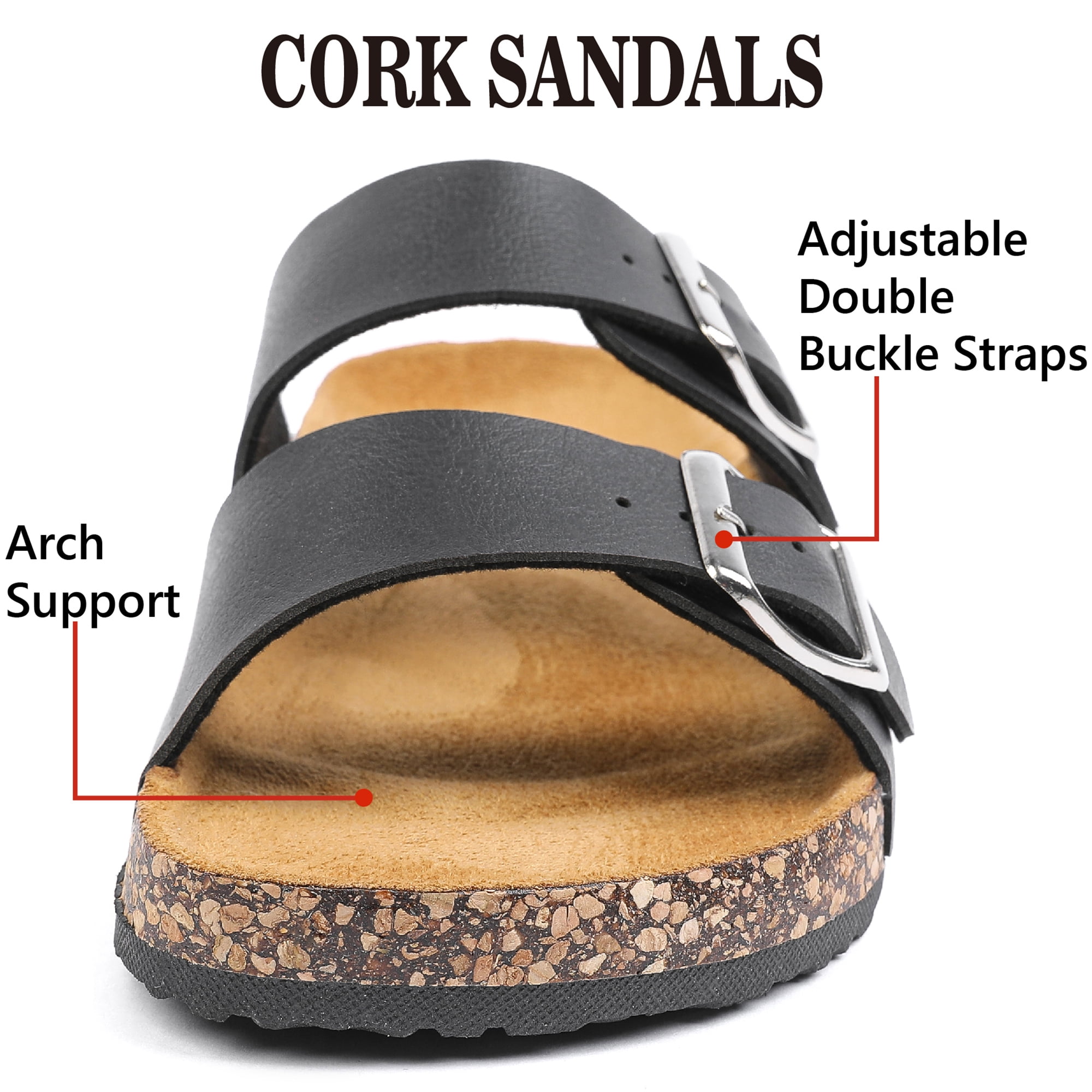 Northblanc Women's Comfort Flat Sandals Summer Cork Footbed Slides with Double Adjustable Buckle