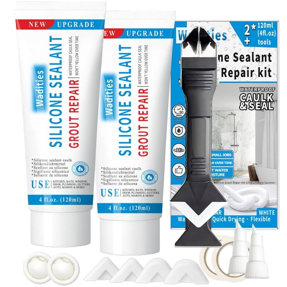 8Oz White Waterproof Caulk & Seal Silicone Sealant, Wadities Tile Grout Repair Kit with Grout Remove Scraper, Shrink & Crack Proof