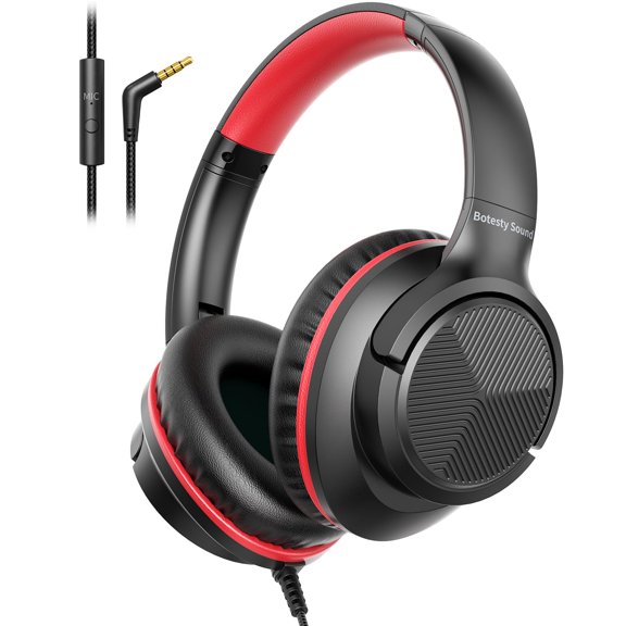 Auriculares Botesty Sound con cable y micrófono para colocar sobre la oreja, color negro y rojo